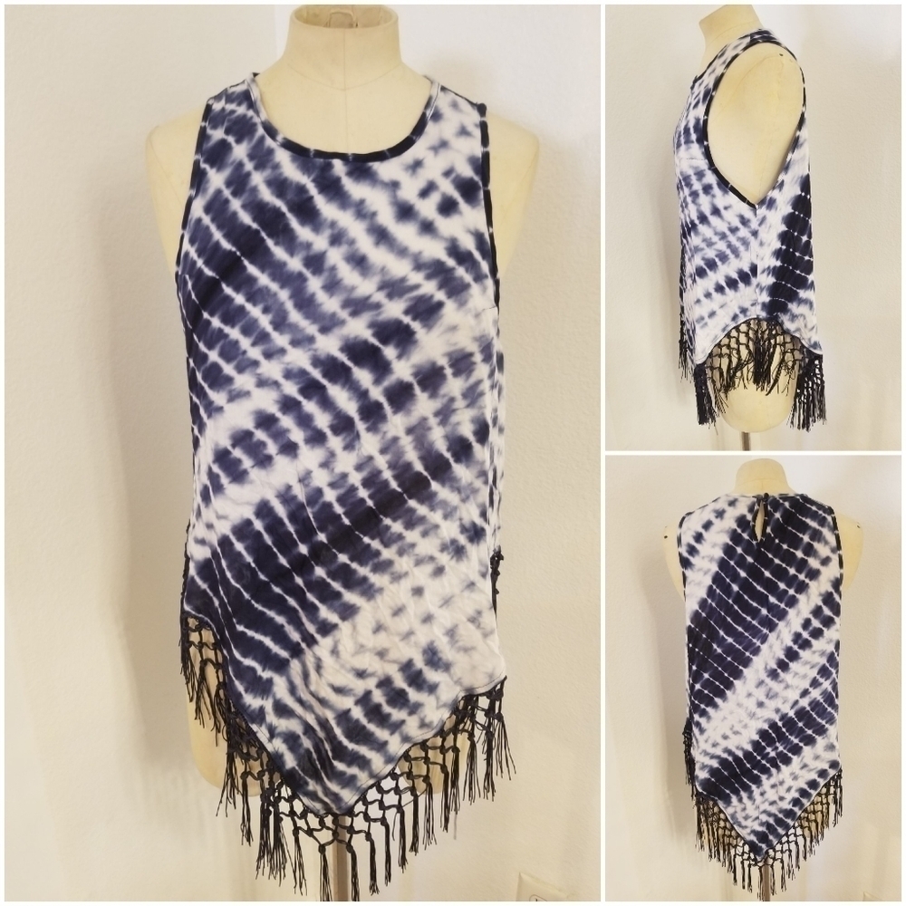 Hyfve Blue Tie Dye Net Fringe Hem Tank Top Sz M